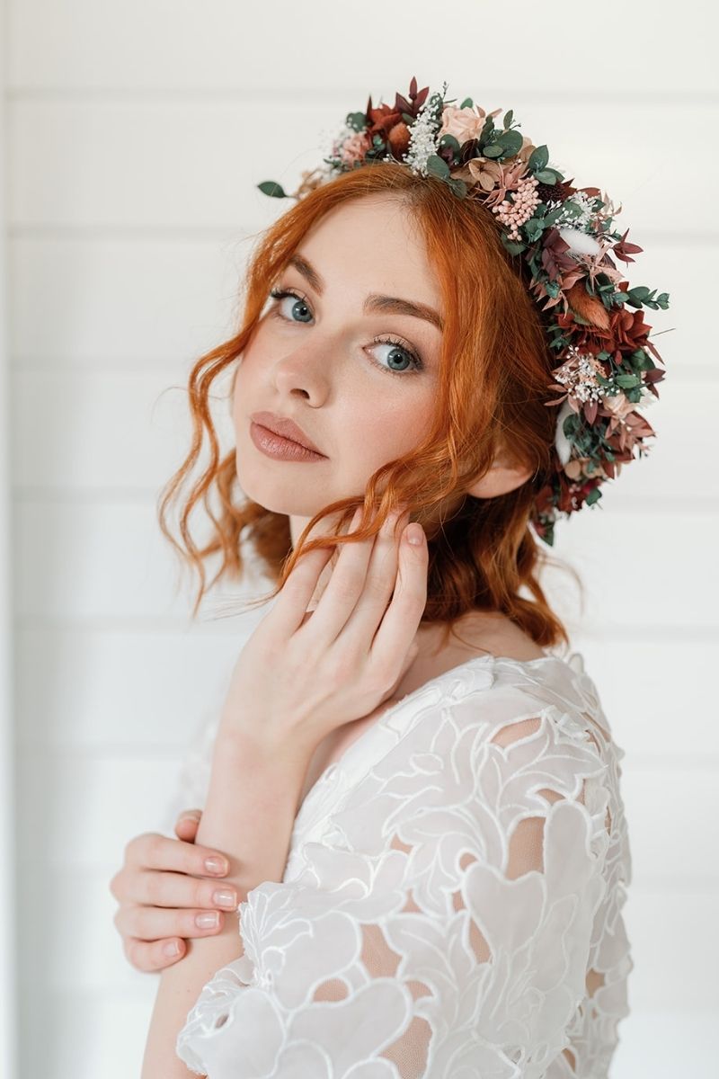 Moody and romantic, full halo preserved flower crown in red wine and dusky pink colour scheme by Luna and Wild.