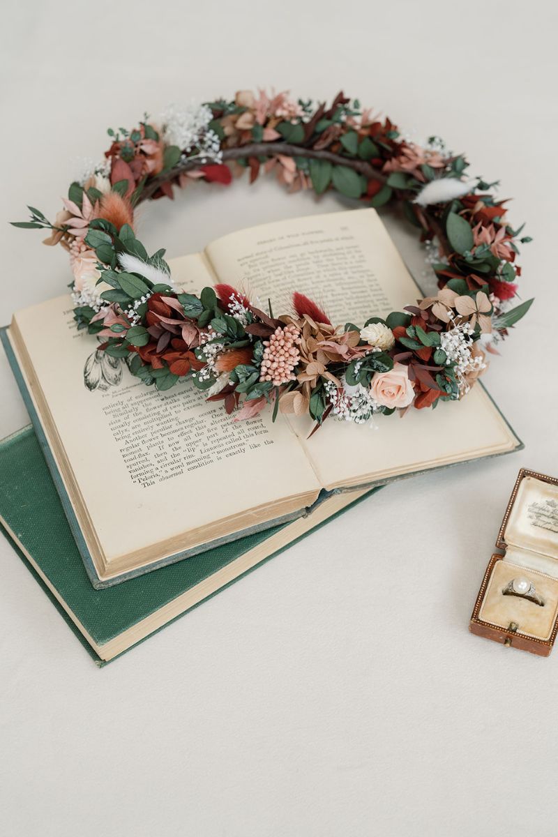 Moody and romantic, full halo preserved flower crown in red wine and dusky pink colour scheme by Luna and Wild.