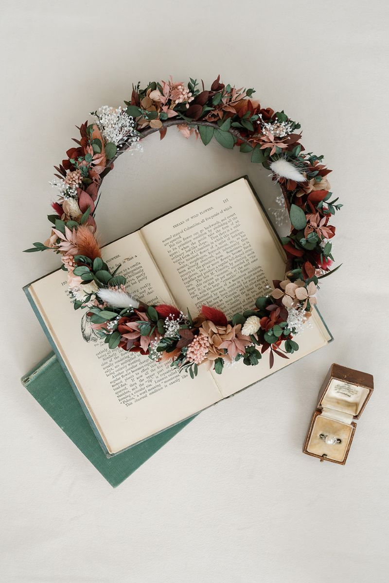 Scarlett moody and romantic, full halo preserved flower crown in red wine and dusky pink colour scheme by Luna and Wild.