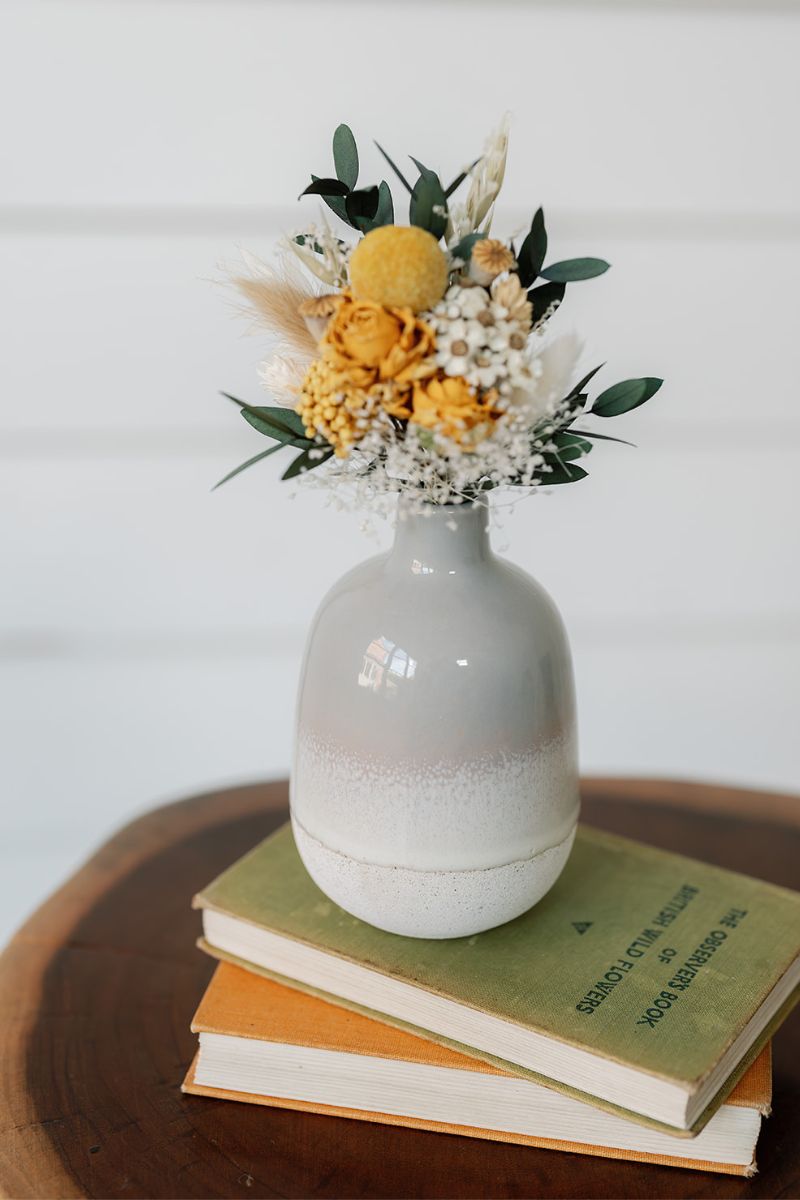 Mini dried flower hand tied bouquet in a grey omber style mini vase by Luna and Wild.