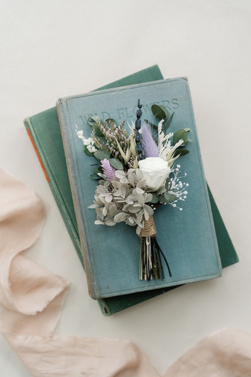 Violet wildflower dried flower wedding buttonhole by Luna and Wild