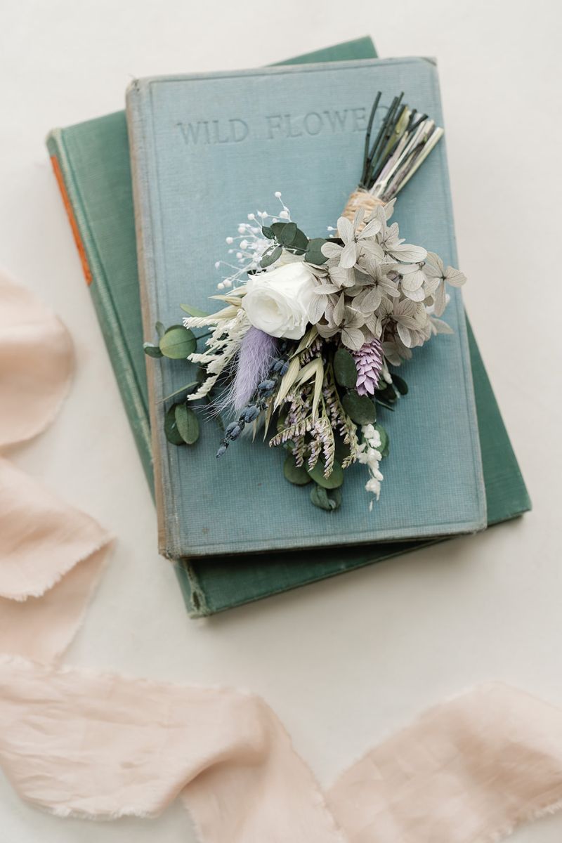 Violet wildflower dried flower wedding buttonhole by Luna and Wild
