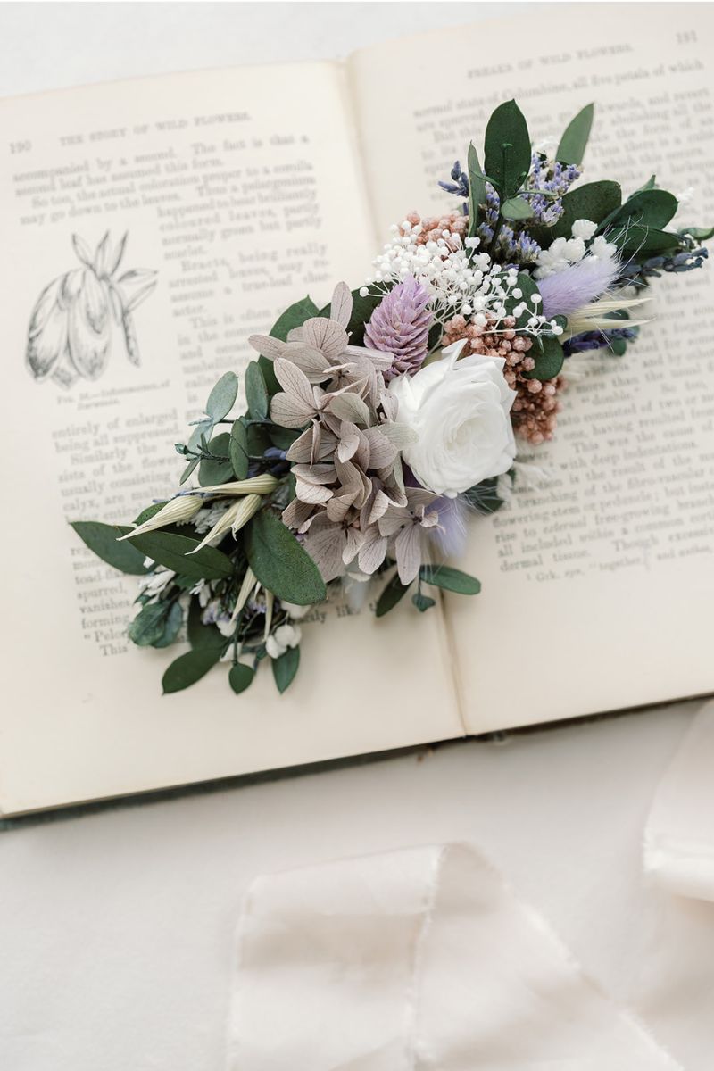 lilac, white and sage green dried flower hair clip by Luna and Wild