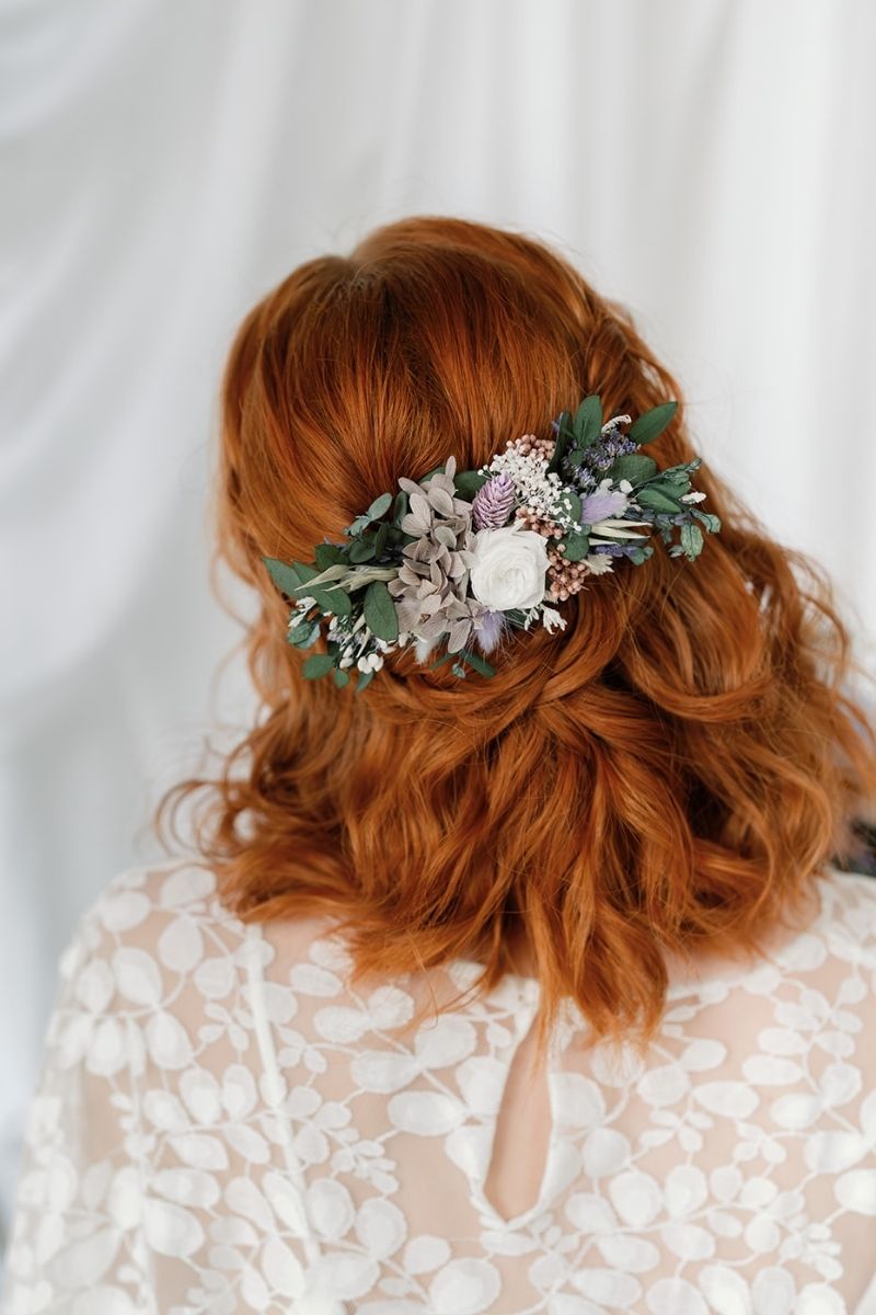 lilac, white and sage green dried flower hair clip by Luna and Wild