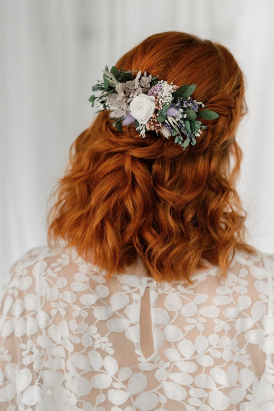 lilac, white and sage green dried flower hair clip by Luna and Wild