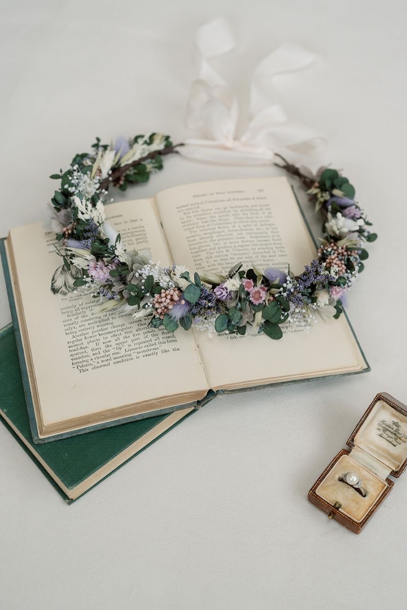lilac, white and sage green dried flower crown with a hand dyed silk white ribbon by Luna and Wild