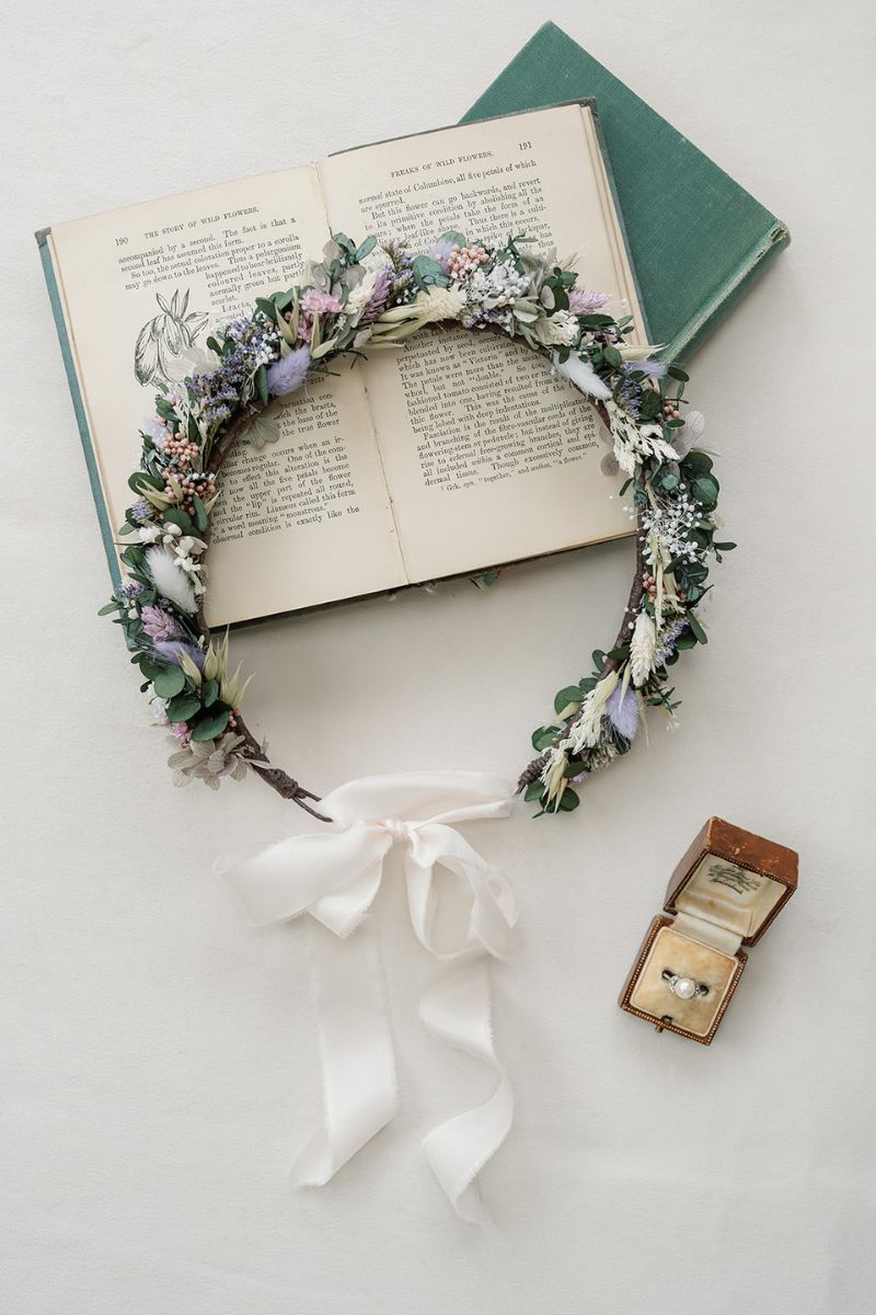 lilac, white and sage green dried flower crown with a hand dyed silk white ribbon by Luna and Wild