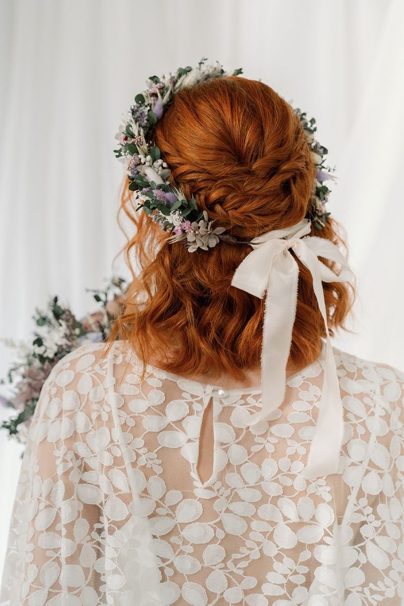 lilac, white and sage green dried flower crown with a hand dyed silk white ribbon by Luna and Wild