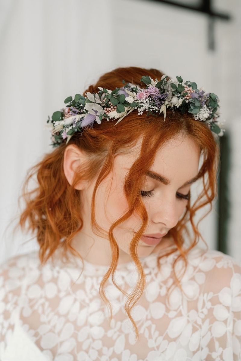 lilac, white and sage green dried flower crown with a hand dyed silk white ribbon by Luna and Wild