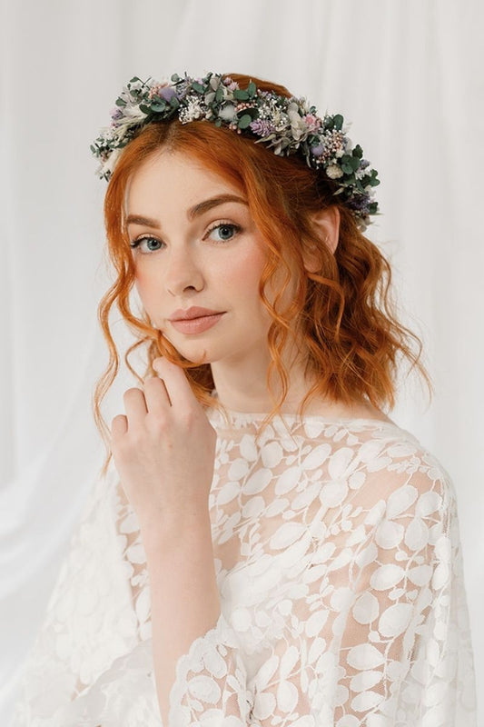 lilac, white and sage green dried flower crown with a hand dyed silk white ribbon by Luna and Wild